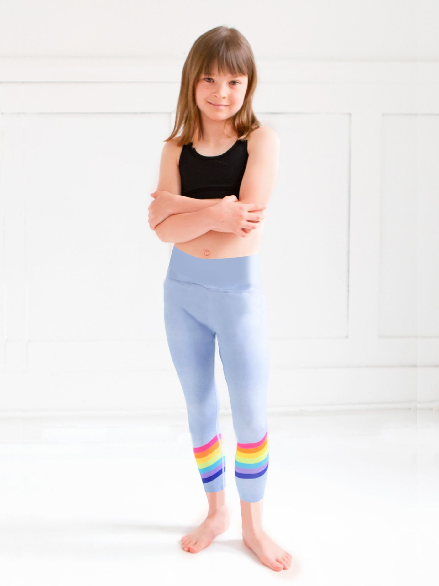 girls blue rainbow printed activewear capri leggings